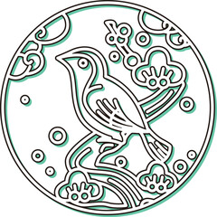 カラーシャドウの円形シンプル花札　鶯　如月　梅　2月　梅に鶯