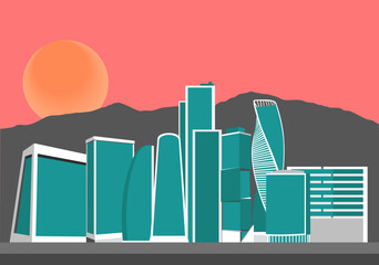 Landcape City Background with Mountain and Sun 