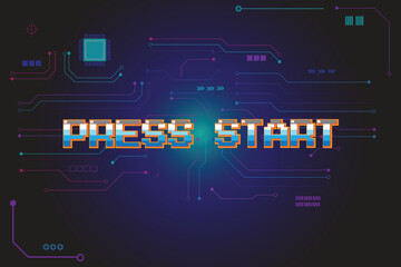 Fototapeta premium PRESS START INSERT A COIN TO CONTINUE .pixel art .8 bit game. retro game. for game assets .Retro Futurism Sci-Fi Background. glowing neon grid. and stars from vintage arcade computer games