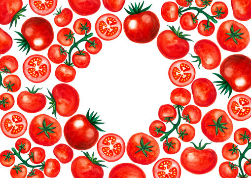 Round frame of different tomatoes. Tomatoes on branch, cocktail, cut in half, different sizes. Watercolor drawing. White background and copy space. Bright red colors, green. Menu, ketchup, pizza, etc.