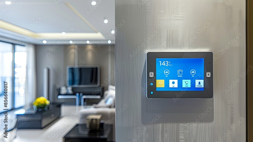 Poster a modern touchscreen control panel mounted on a sleek wall in a smart home. the screen displays vari