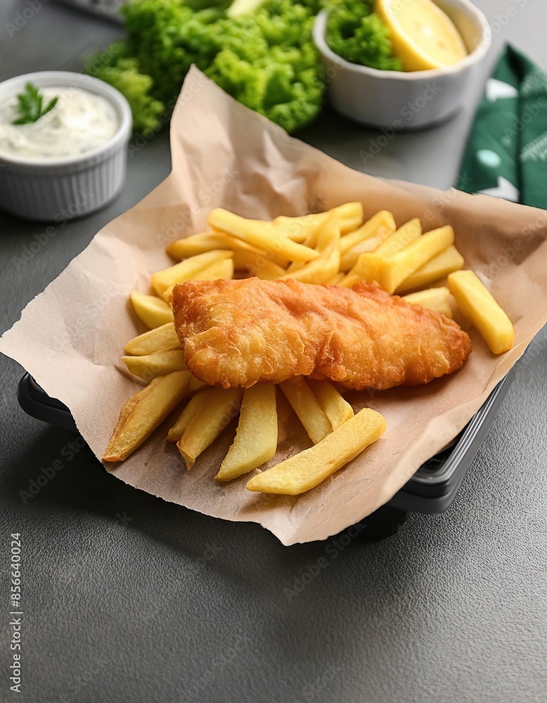 Wall mural Vegan fish and chips on table background