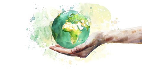 Hand holding the earth in front of a watercolor background