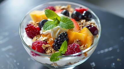 Fresh and Healthy Yogurt Parfait with Berries, Granola, and Mint in a Glass Bowl on a Dark Background