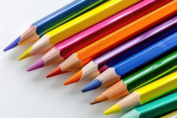 Fototapeta premium Top view of a variety of colorful stationery items on a wooden desk warm