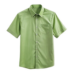 A green, short-sleeved button-down shirt with a pocket on the left side. The shirt is laid flat on a white background. Generative AI