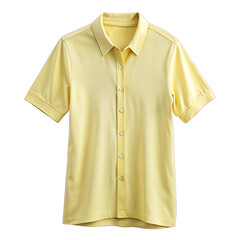 A plain yellow short sleeve button down shirt with a collared neck. Generative AI