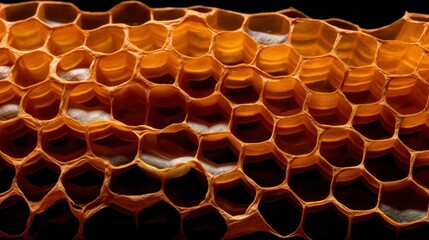 Mesmerizing macro photography of honeycomb lattice with golden honey against dark backdrop.