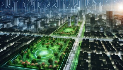 Fototapeta premium futuristic depiction of a smart city. The city is a blend of high-tech infrastructure and lush greenery