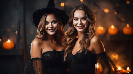 Fototapeta premium Two young women dressed as witches for Halloween, smiling brightly with carved pumpkins and festive lights in the background, creating a spooky and joyful atmosphere