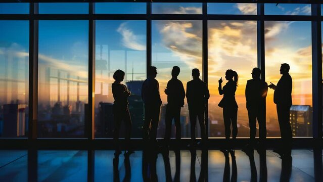 Silhouettes of business people having a meeting in a modern office with large windows overlooking a sunset, creating a dynamic and professional atmosphere.	