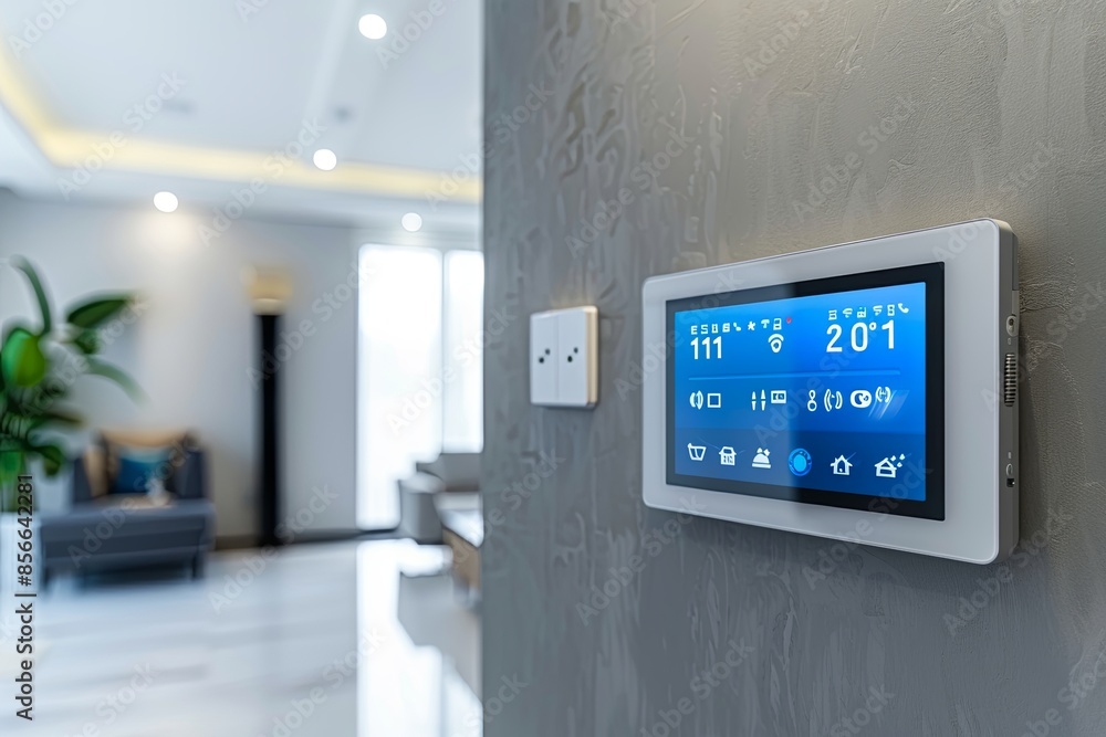 Poster A modern control panel with touchscreen interface is mounted on a wall in a smart home, displaying options for home automation like lighting and security. Generative AI