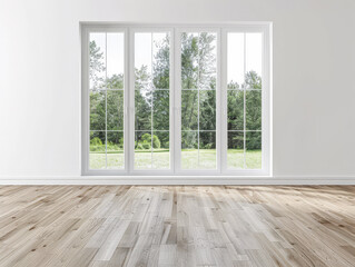 Fototapeta premium Window filling an empty apartment room with natural lighting. Residential interior design composition with copy space for an ad.