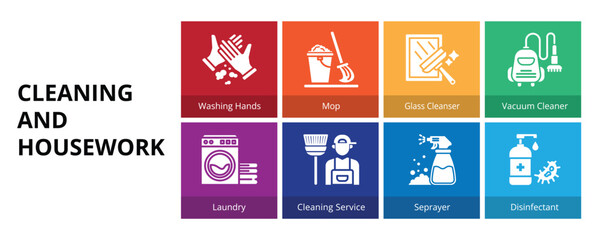 Cleaning and Housework Banner Web Icon Set Vector Illustration Washing Hand, Mop, Glass Cleaner, Vacuum Cleaner, Laundry, Cleaning Service, Seprayer, Disinfectant