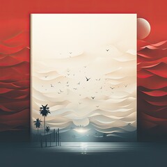 Abstract Landscape with Birds and Palm Trees Against a Red and Beige Background