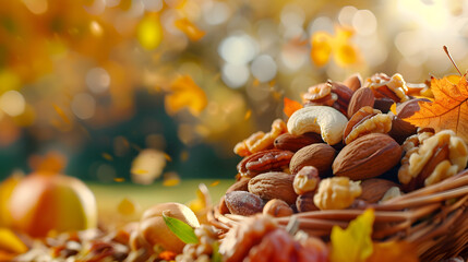 Fototapeta premium autumn leaves and nuts in a basket