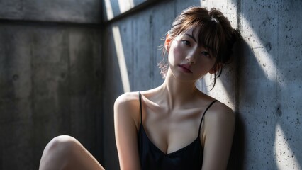 Fototapeta premium Serene Portrait of a Japanese Woman in Natural Light and Shadow