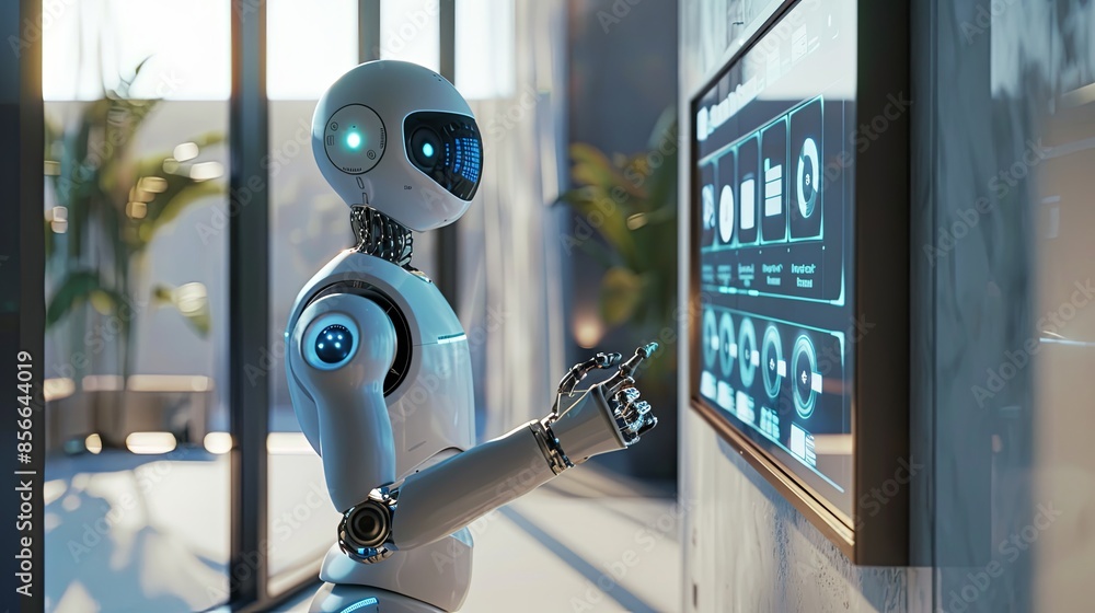 Poster A humanoid robot with a touchscreen interface interacts with a human in a sleek, modern setting. The screen displays AI functions and options. Generative AI