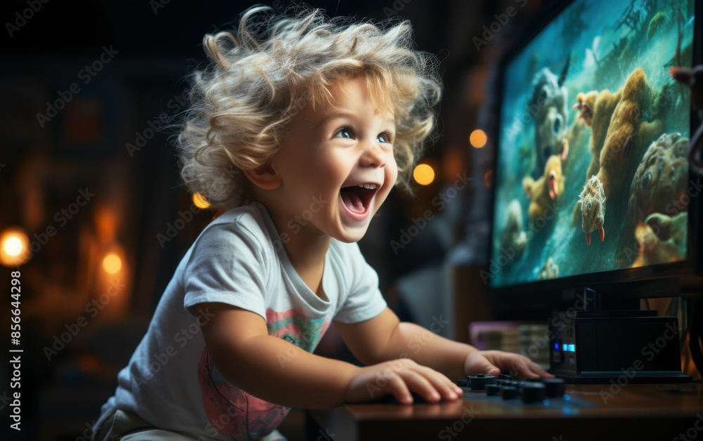 Poster a young child is sitting at a desk with a computer monitor in front of him. he is smiling and laughi