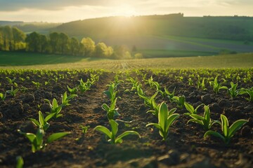 Sprouts in the spring field. Agriculture banner. Sprouting seeds from a low angle view. Germination concept