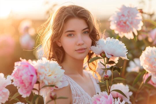 attractive woman in a white dress standing amidst blooming peonies at sunset. Gentle shadows fall across her face as she gazes directly into the camera, creating a dreamy and seren