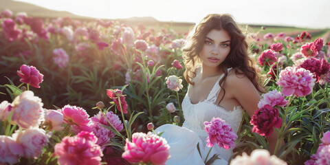 attractive woman in a flowing white dress amidst a field of blooming peonies at sunset. The gentle shadows on her face as she gazes directly into the camera create a dreamy atmosph