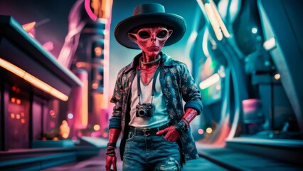 Red Alien Hipster in Urban Nightscape

