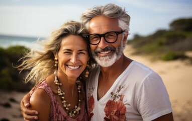 Obraz premium A couple is smiling and posing for a picture on a beach. The woman is wearing a necklace and the man is wearing glasses. Scene is happy and relaxed