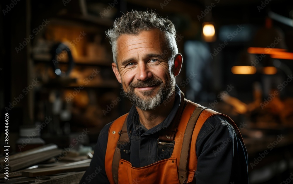 Aufkleber a man with a beard and mustache is smiling in front of a light. he is wearing an orange apron and a 