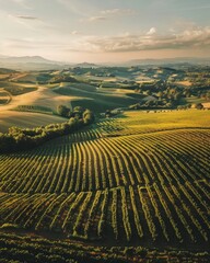 Fototapeta premium Aerial perspective of a vast agricultural landscape with green fields, geometric patterns of crops, winding rivers, and distant farmsteads under a clear blue sky