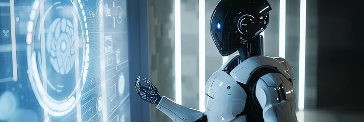 A humanoid robot with a touchscreen interface interacts with a human in a sleek, modern setting. The screen displays various AI functions. Generative AI