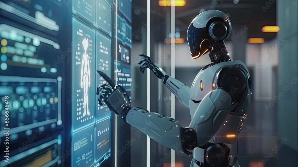 Aufkleber a futuristic humanoid robot with a sleek, white exterior interacts with a touchscreen interface in a