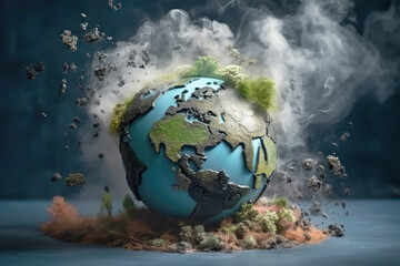 A globe, representing Earth, is crumbling, surrounded by smoke and debris, emphasizing the...