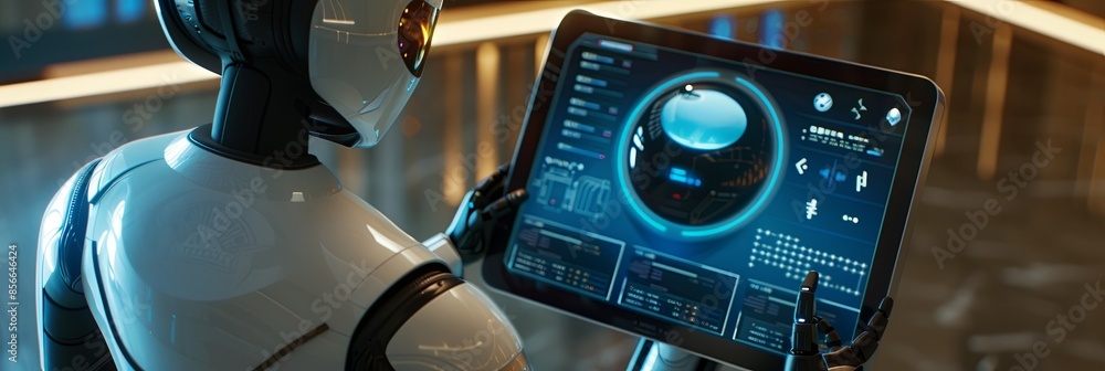 Aufkleber A humanoid robot interacts with a touchscreen interface in a modern setting, displaying various AI functions. Generative AI