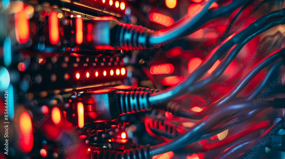 Poster a close-up of server cables connecting to a network, with the red lights of the servers glowing in t