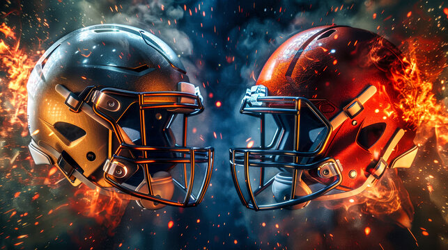 Two football helmets, one silver and one red, face off against each other, surrounded by flames and sparks, creating a dramatic and intense visual