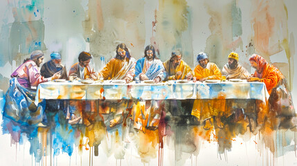 A watercolor painting depicting the Last Supper, showcasing Jesus and his disciples gathered around a table in a dimly lit room, sharing a meal before his crucifixion