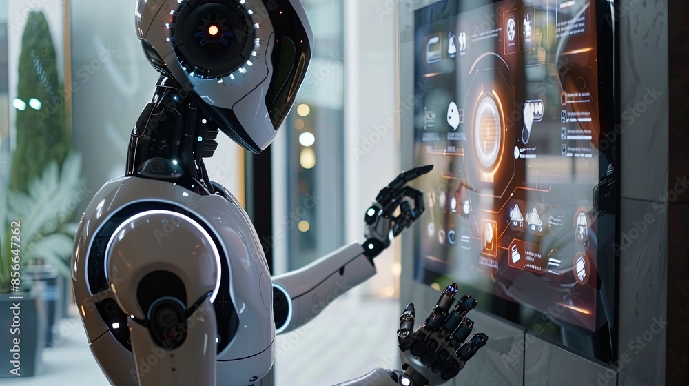 Poster a humanoid robot with a sleek, white exterior interacts with a touchscreen interface, displaying var