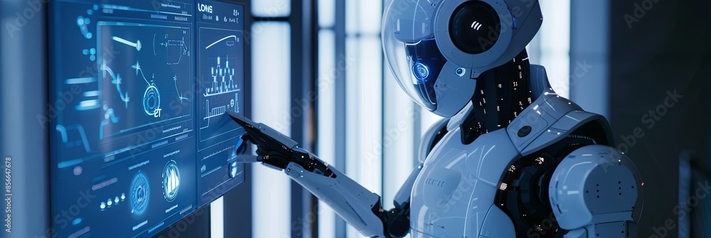 Poster A white humanoid robot interacts with a touchscreen display showcasing AI functions in a sleek, modern environment. Generative AI