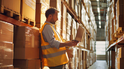 A warehouse worker uses a laptop to manage inventory in a bustling warehouse, surrounded by rows of boxes