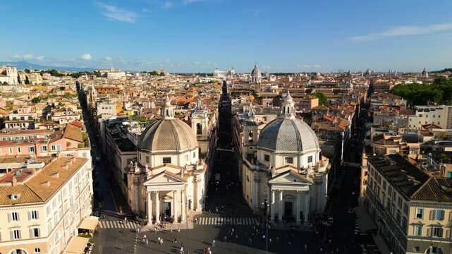 Drone Descends to Reveal Ancient Flaminio Obelisk. Piazza del Popolo, Rome Italy