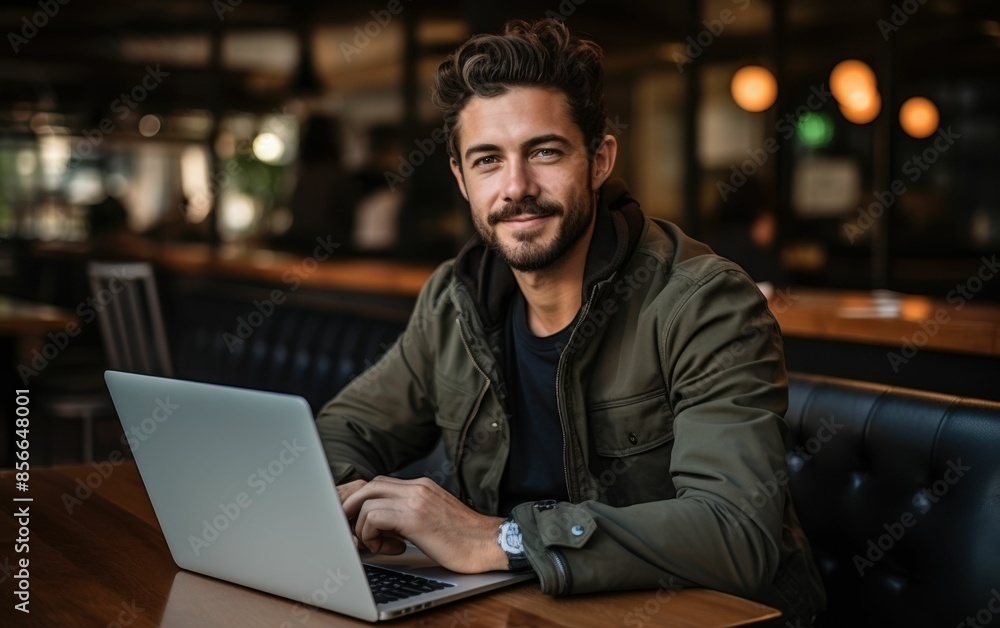 Aufkleber a man is sitting at a table with a laptop in front of him. he is smiling and he is enjoying himself