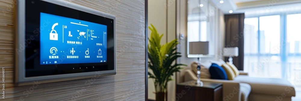 Aufkleber a touchscreen control panel with home automation features mounted on a contemporary wall. generative