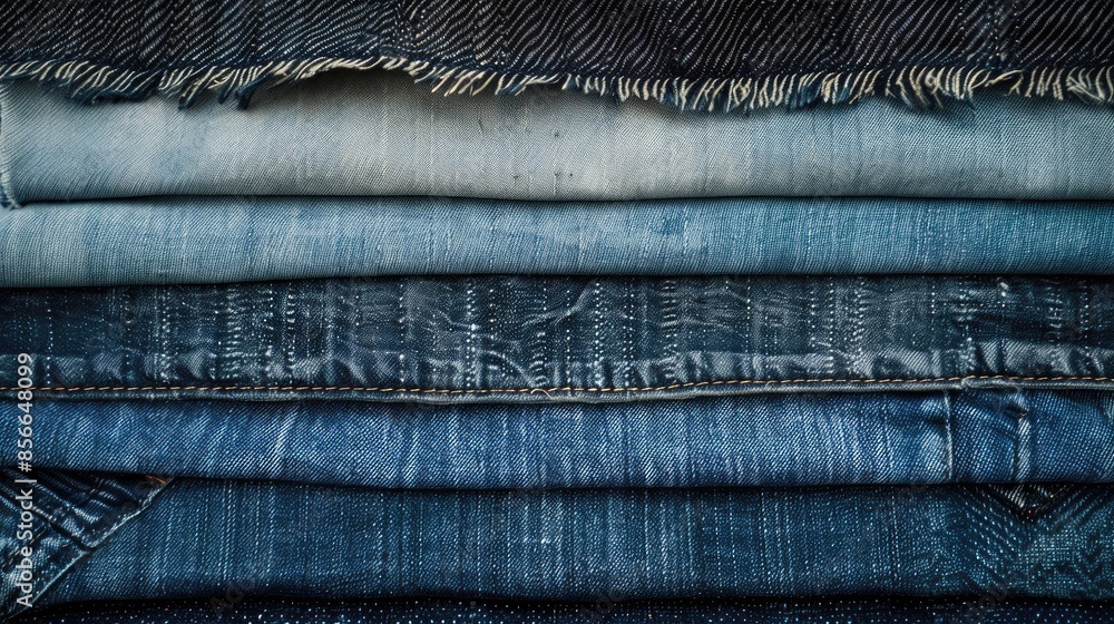 Poster empty denim canvas background for text with stacked jeans in various shades