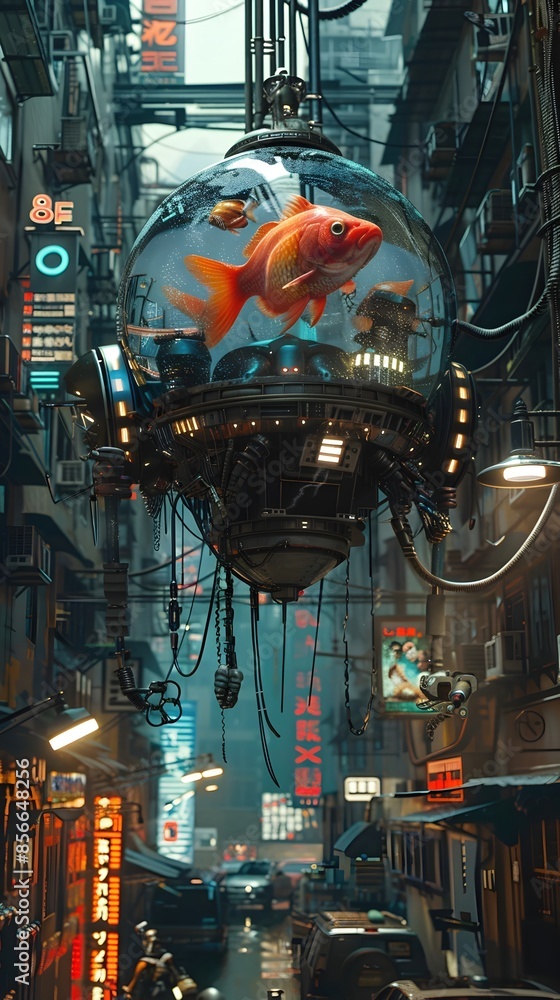 Poster futuristic robotic fish-headed entity navigating neon-drenched city cityscape