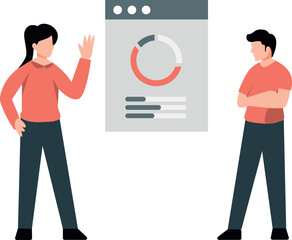 A girl is explaining about a pie graph on a web page.