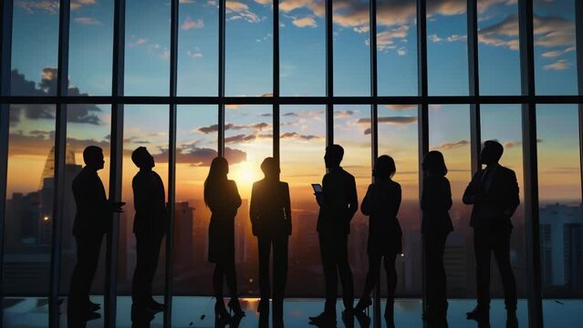 Silhouettes of business people having a meeting in a modern office with large windows overlooking a sunset, creating a dynamic and professional atmosphere.	