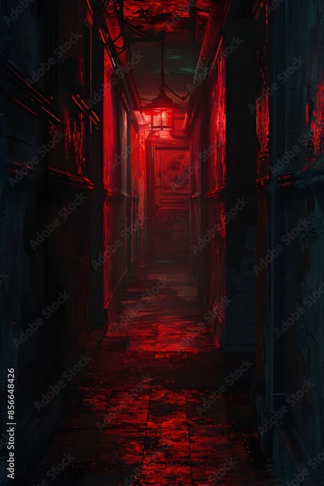 Poster Haunting and Ominous Crimson-Lit Corridor in Distorted Baroque Underworld