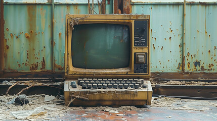 An old computer with a CRT monitor and keyboard sits abandoned in an industrial space, covered in dust and surrounded by rust