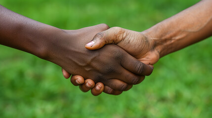 Two hands clasp together against a backdrop of lush green foliage, symbolizing unity and understanding
